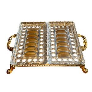 Monarch Crystal Genuine Lead Glass Serving Tray Footed Brass Holder & Handles